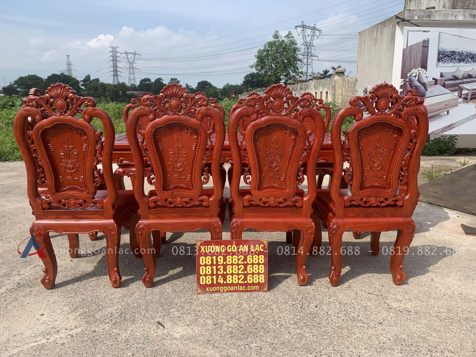 Bộ bàn ăn chữ nhật bo góc 10 ghế hồng hạt gỗ hương đá (Chú Thế, Cần Thơ) 29 bộ bàn ăn cao cấp