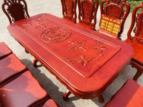 Bộ bàn ăn chữ nhật bo góc 10 ghế hồng hạt gỗ hương đá (Chú Thế, Cần Thơ) 18 mẫu bàn ăn mặt khung tranh