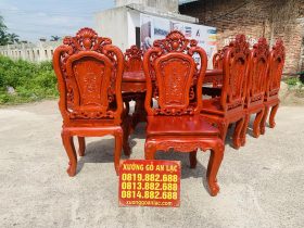 Bộ bàn ăn chữ nhật bo góc 10 ghế hồng hạt gỗ hương đá (Chú Thế, Cần Thơ) 21 mặt trước sau của mẫu ghế louis