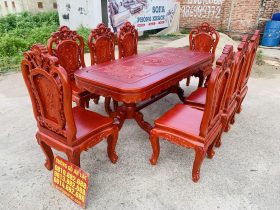 bàn ăn chữ nhật 8 ghế hồng hạt gỗ hương đá