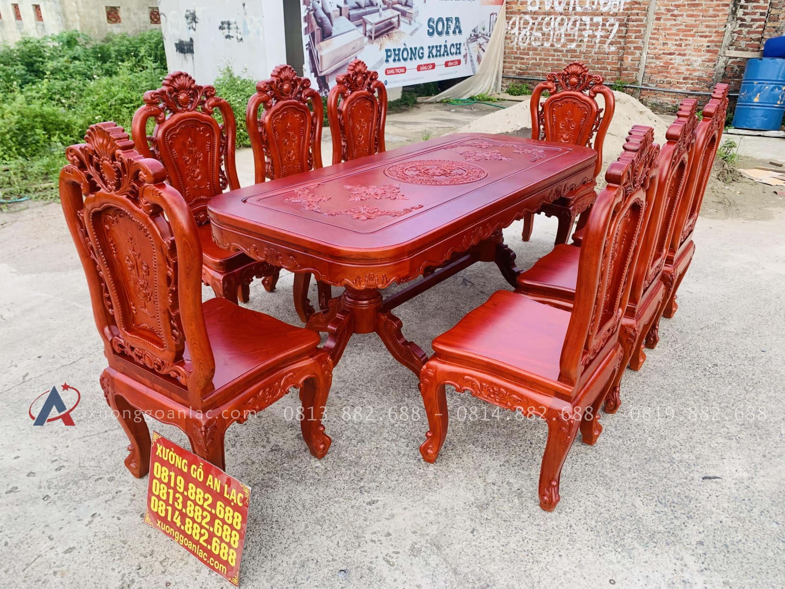 Bộ bàn ăn chữ nhật bo góc 8 ghế hồng hạt gỗ hương đá (Anh Minh, Bắc Ninh) 22 bàn ăn chữ nhật 8 ghế hồng hạt gỗ hương đá