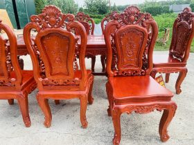 Bộ bàn ăn chữ nhật bo góc 8 ghế hồng hạt gỗ hương đá (Anh Minh, Bắc Ninh) 20 ghế louis đục 2 mặt