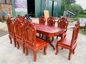 Bộ bàn ăn chữ nhật bo góc 8 ghế hồng hạt gỗ hương đá (Anh Minh, Bắc Ninh) 21 mẫu bàn ghế louis hoàng gia sang trọng