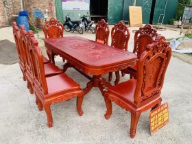 Bộ bàn ăn chữ nhật bo góc 8 ghế hồng hạt gỗ hương đá (Anh Minh, Bắc Ninh) 12 bộ bàn ăn gỗ hương đá