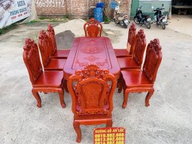 Bộ bàn ăn chữ nhật bo góc 8 ghế hồng hạt gỗ hương đá (Anh Minh, Bắc Ninh) 13 bộ bàn ăn 8 ghế
