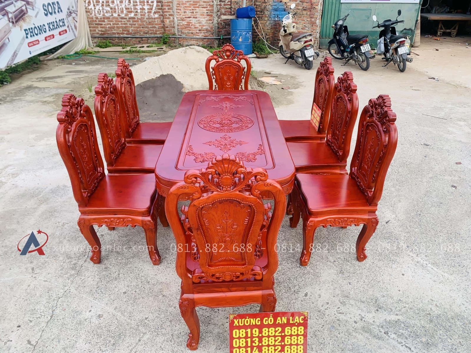 Bộ bàn ăn chữ nhật bo góc 8 ghế hồng hạt gỗ hương đá (Anh Minh, Bắc Ninh) 24 bộ bàn ăn 8 ghế