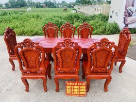 Bộ bàn ăn chữ nhật bo góc 8 ghế hồng hạt gỗ hương đá (Anh Minh, Bắc Ninh) 14 bàn ghế ăn louis hoàng gia