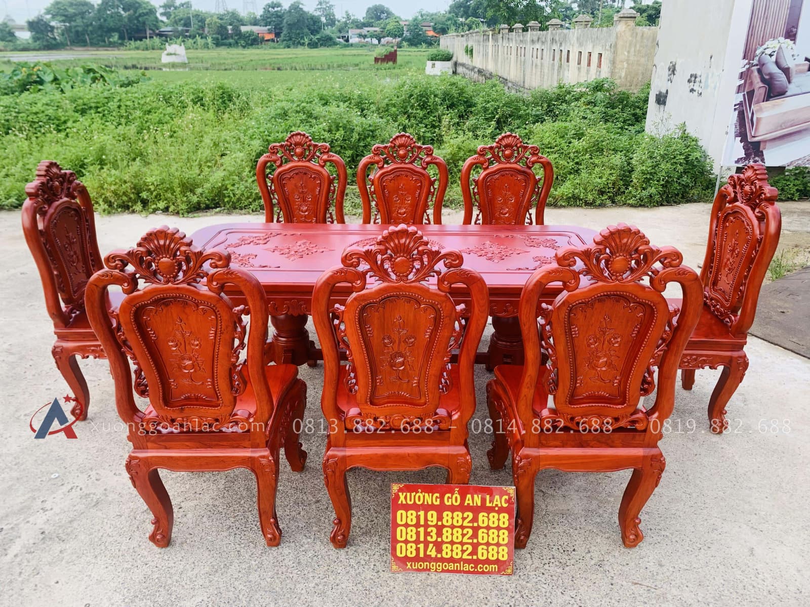 Bộ bàn ăn chữ nhật bo góc 8 ghế hồng hạt gỗ hương đá (Anh Minh, Bắc Ninh) 25 bàn ghế ăn louis hoàng gia