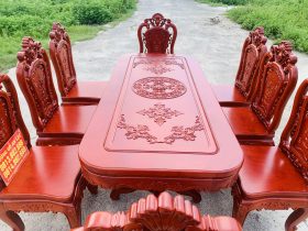 Bộ bàn ăn chữ nhật bo góc 8 ghế hồng hạt gỗ hương đá (Anh Minh, Bắc Ninh) 15 thiết kế bàn chữ nhật