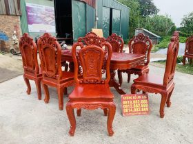 Bộ bàn ăn chữ nhật bo góc 8 ghế hồng hạt gỗ hương đá (Anh Minh, Bắc Ninh) 17 8 ghế đơn louis hồng hạt