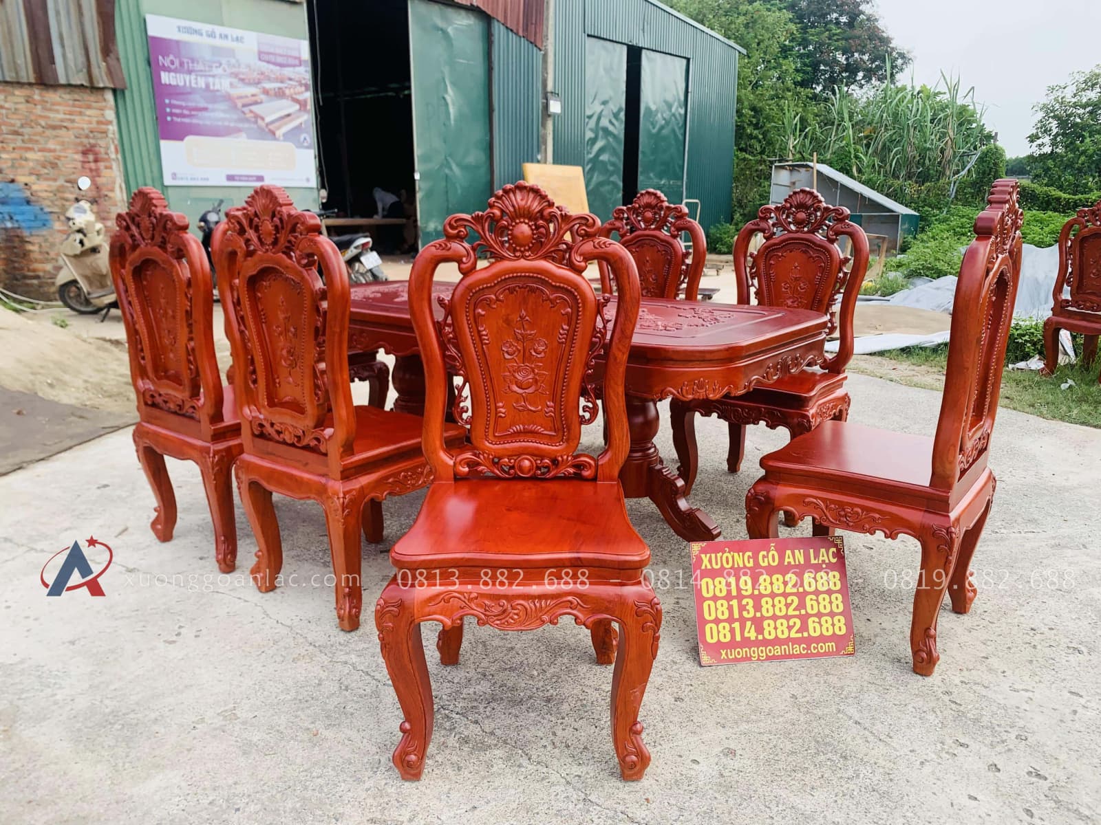 Bộ bàn ăn chữ nhật bo góc 8 ghế hồng hạt gỗ hương đá (Anh Minh, Bắc Ninh) 28 8 ghế đơn louis hồng hạt