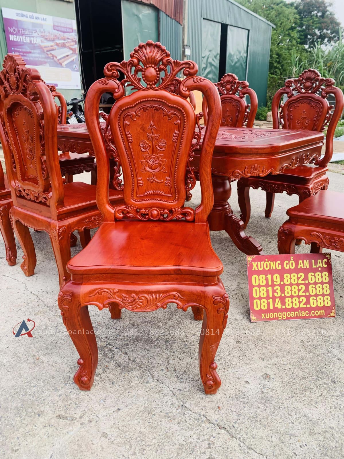 Bộ bàn ăn chữ nhật bo góc 8 ghế hồng hạt gỗ hương đá (Anh Minh, Bắc Ninh) 29 mẫu ghế louis hoàng gia tân cổ điển