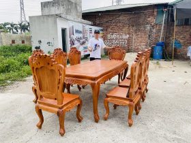 bàn ăn hoàng gia 8 ghế louis gỗ gõ