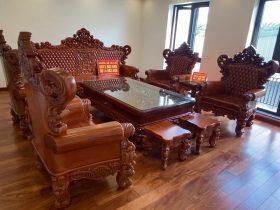 bàn ghế hàng gia nguyên khối chân 18 tay 22 gỗ gõ đỏ 10 món
