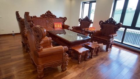 bàn ghế hàng gia nguyên khối chân 18 tay 22 gỗ gõ đỏ 10 món