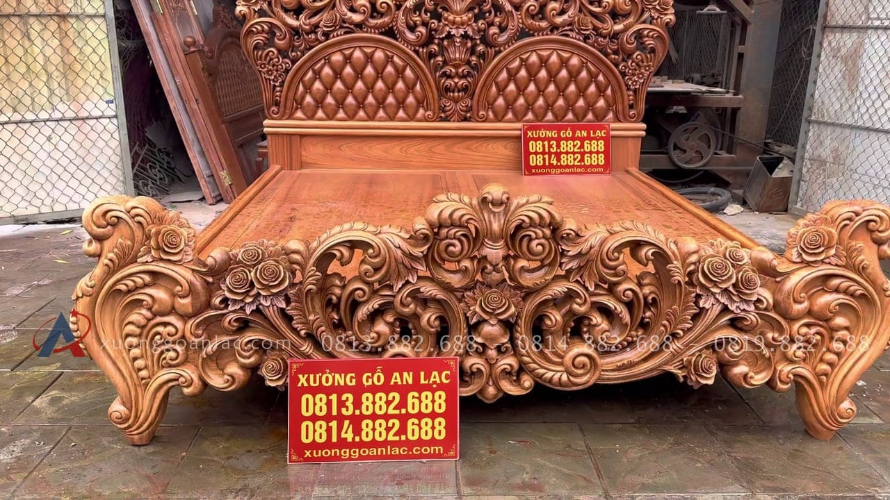 Giường hoàng gia nguyên khối gỗ gõ đỏ 15 đầu thấp cao 70cm