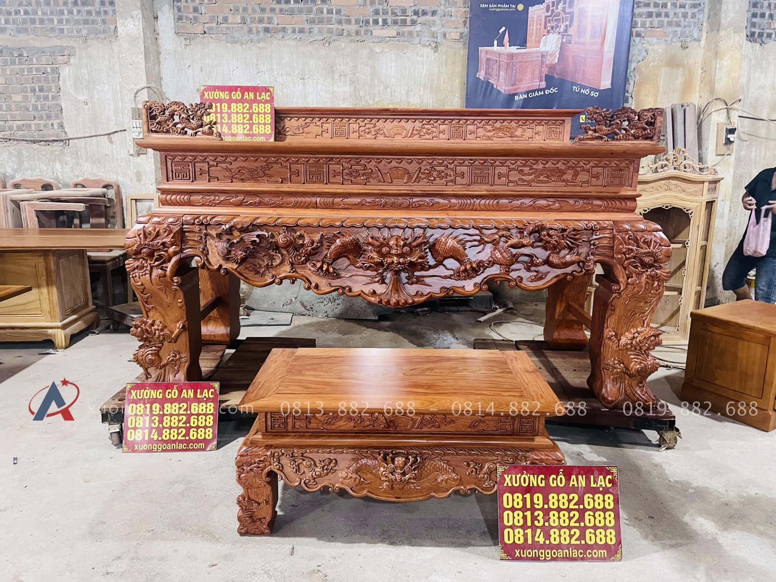 Mẫu sập thờ tứ linh nhị cấp gỗ hương đá giao Gia Lâm 1 mẫu sập thờ tứ linh gỗ hương đá cao cấp