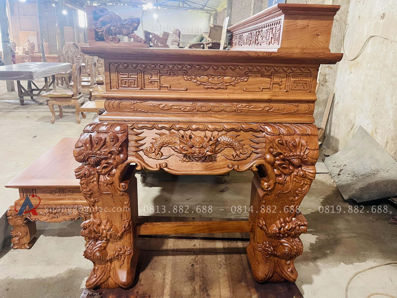 Mẫu sập thờ tứ linh nhị cấp gỗ hương đá giao Gia Lâm 35 mặt hồi của mẫu án gian