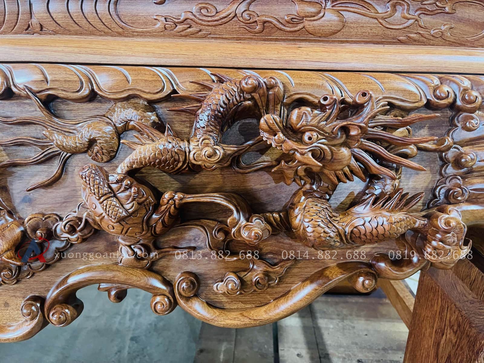 Mẫu sập thờ tứ linh nhị cấp gỗ hương đá giao Gia Lâm 39 hình tượng rồng rùa phong thủy