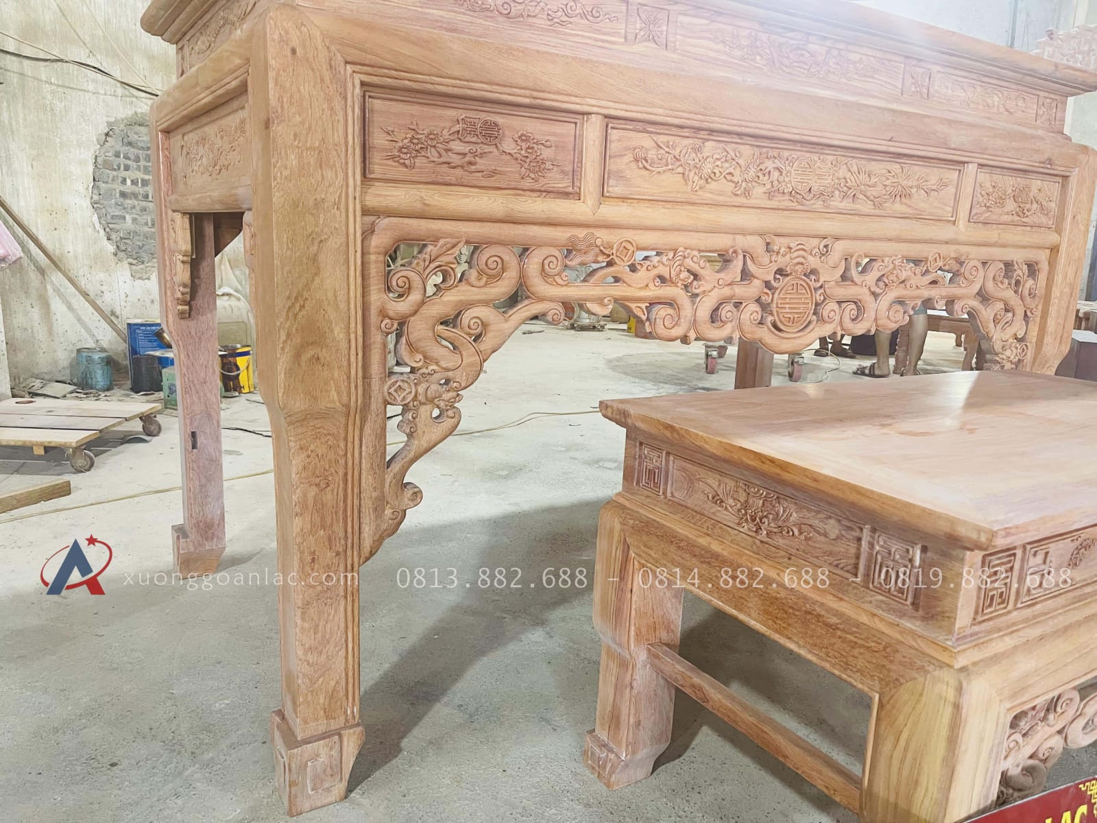 Mộc án gian Dơi Ngũ Phúc 1m97 gỗ hương đá cao cấp chân 12 (Chú Chiến, Bình Thuận) 37 chân án gian bản 12p chắc chắn