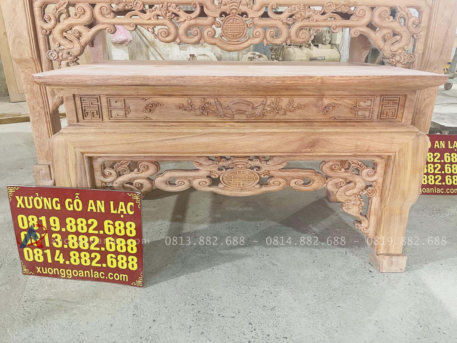 Mộc án gian Dơi Ngũ Phúc 1m97 gỗ hương đá cao cấp chân 12 (Chú Chiến, Bình Thuận) 39 mẫu bàn cơm gỗ hương đá