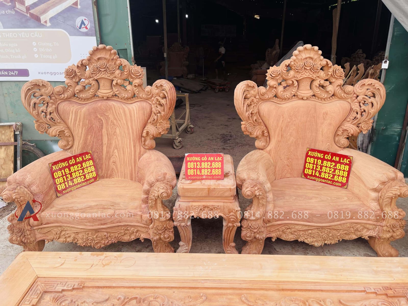 Mộc bộ bàn ghế hoàng gia vách tảng 10 món gỗ hương đá (Anh Quyết, Hà Tĩnh) 40 bộ đôi ghế đơn louis hoàng gia