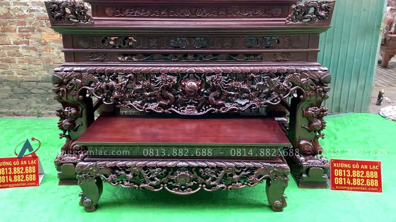 Sập thờ mẫu Tứ Linh nhị cấp 2m17 chất liệu gỗ gụ Lào cao cấp chân 25 22 mẫu sập thờ tứ linh chất liệu gỗ gụ Lào cao cấp