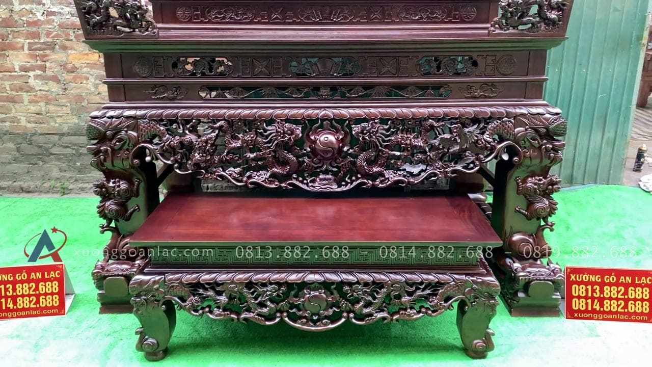 Sập thờ mẫu Tứ Linh nhị cấp 2m17 chất liệu gỗ gụ Lào cao cấp chân 25 30 bàn cơm gỗ gụ mẫu tứ linh