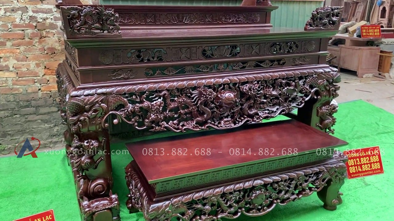 Sập thờ mẫu Tứ Linh nhị cấp 2m17 chất liệu gỗ gụ Lào cao cấp chân 25 23 mẫu sập thờ tứ linh long lân quy phụng