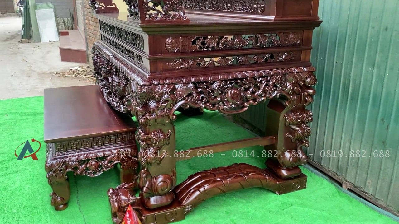 Sập thờ mẫu Tứ Linh nhị cấp 2m17 chất liệu gỗ gụ Lào cao cấp chân 25 28 chân sập 25p đục nghê