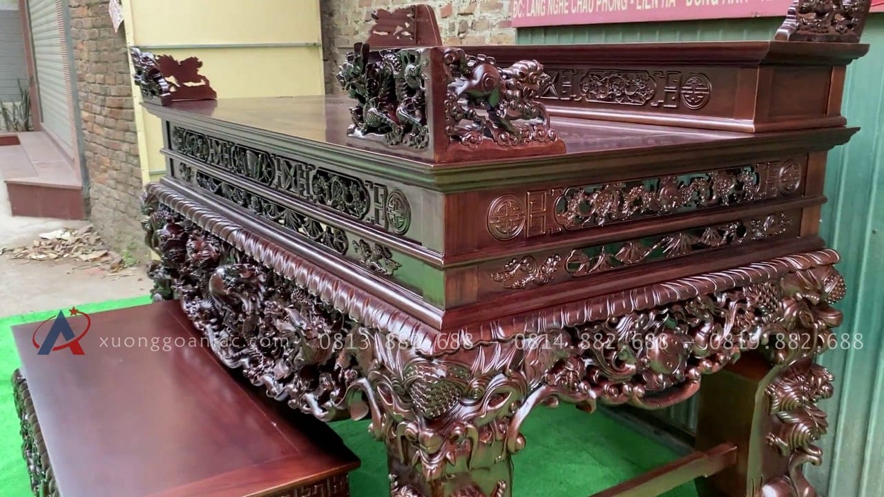 Sập thờ mẫu Tứ Linh nhị cấp 2m17 chất liệu gỗ gụ Lào cao cấp chân 25 29 hồi sập cũng được đục tỉa cầu kỳ