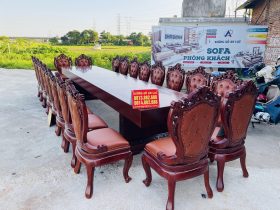 siêu phẩm bàn ăn nguyên khối 20 ghế louis gỗ gõ đỏ bọc đệm