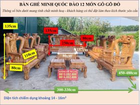 KÍCH THƯỚC BÀN GHẾ MINH QUỐC ĐÀO 12 MÓN GỖ GÕ ĐỎ