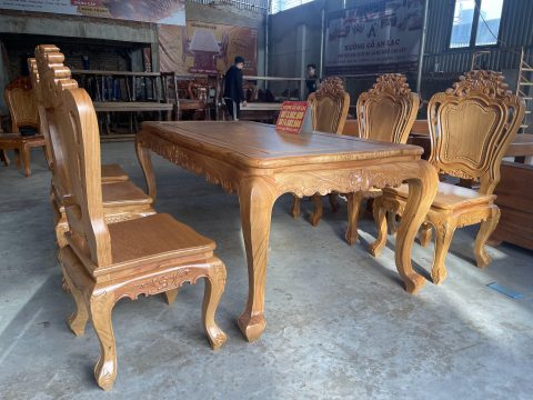 mẫu bàn ăn hoàng gia 6 ghế louis hoa lá tây
