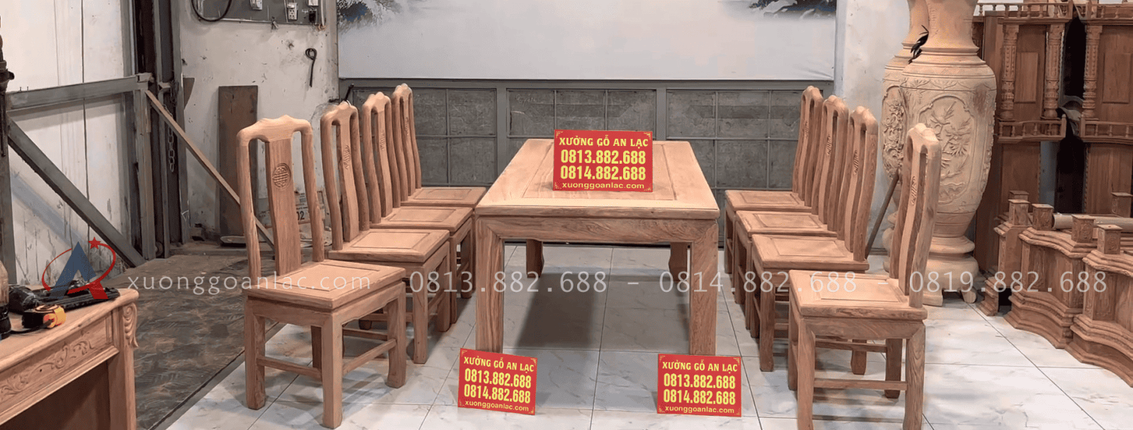 Bộ bàn ăn triện thọ tròn 8 ghế gỗ hương đá siêu dày (Chú Lân, Vũng Tàu) 20 bàn ăn triện thọ 8 ghế gỗ hương đá siêu dày