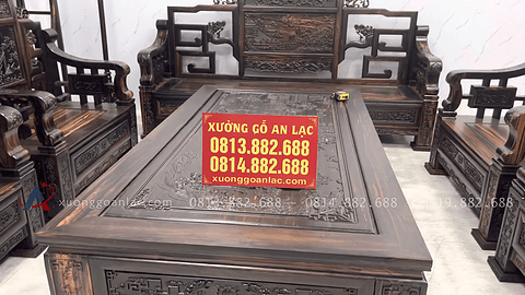 bàn ghế mẫu sơn thủy tứ trụ 10 món chân 12 gỗ mun