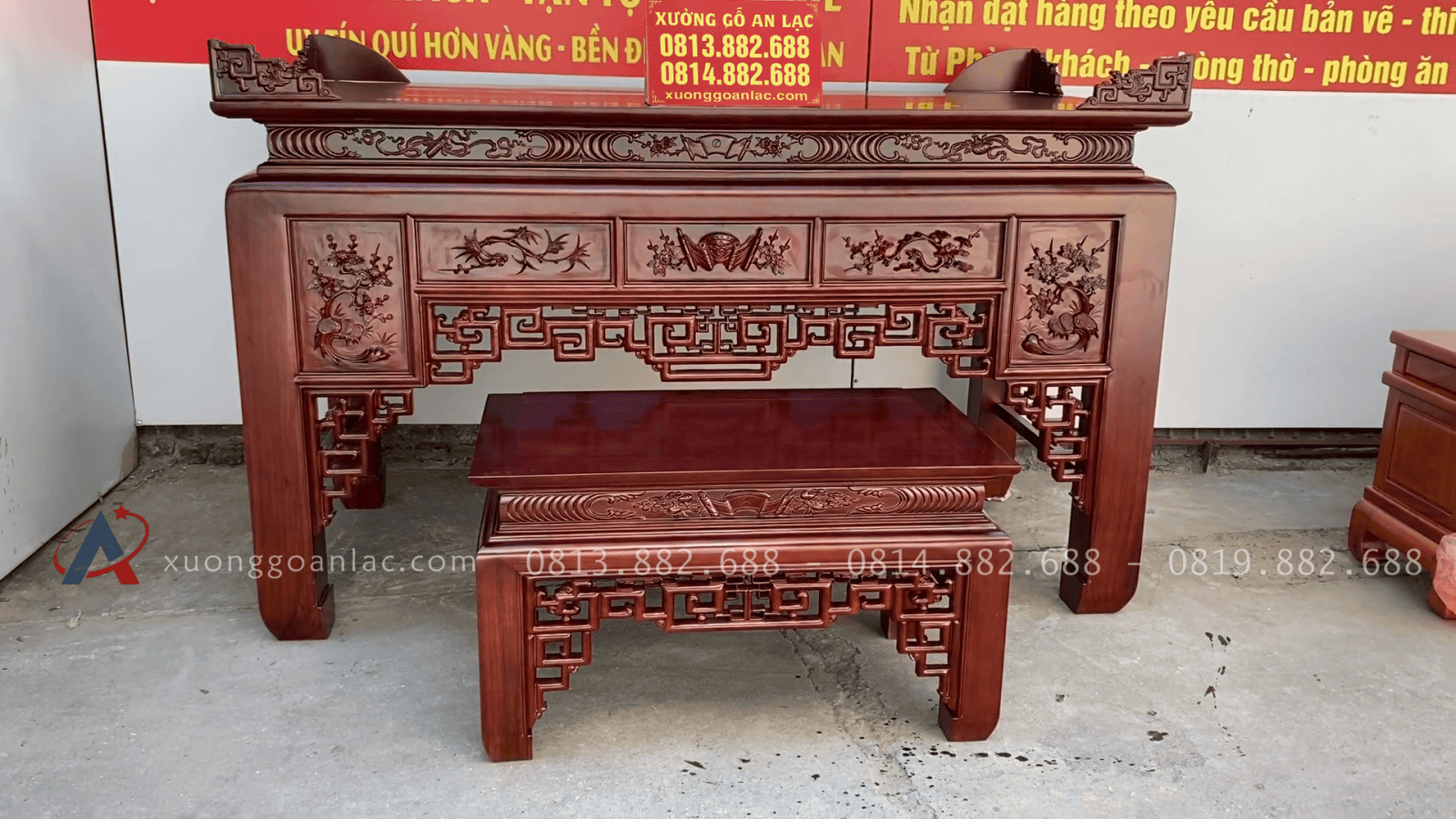 Bộ án gian thờ gỗ gụ và kệ tivi gỗ hương đá giao về Cao Bằng 14 bộ án gian thờ gỗ gụ kèm bàn cơm