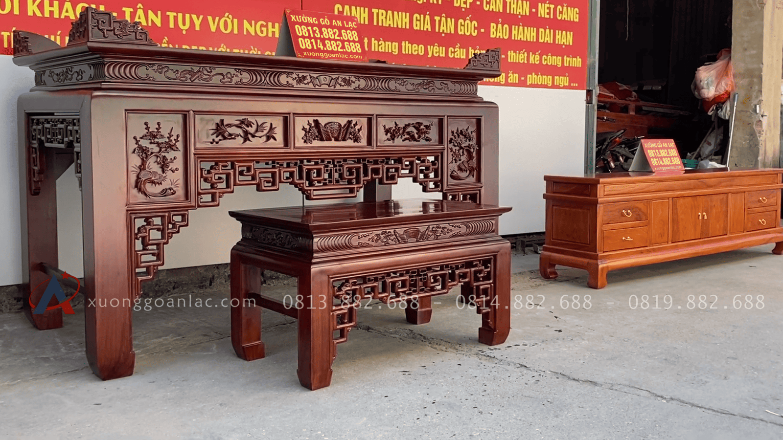 Bộ án gian thờ gỗ gụ và kệ tivi gỗ hương đá giao về Cao Bằng 15 Mẫu án gian triện tứ quý