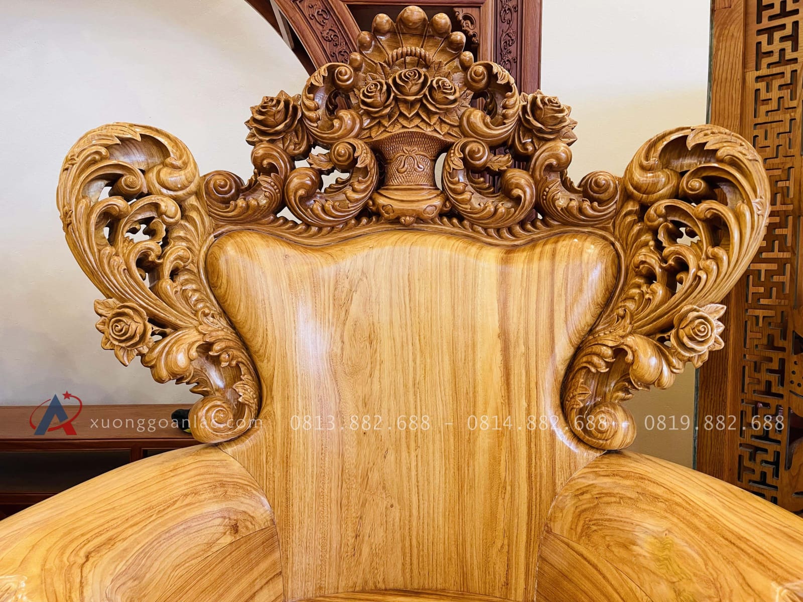 Bộ bàn ghế hoàng gia nguyên khối 10 món gỗ gõ đỏ hàng vip (Anh Đàn - An Giang) 49 đỉnh chương đục giỏ hoa hồng lá tây