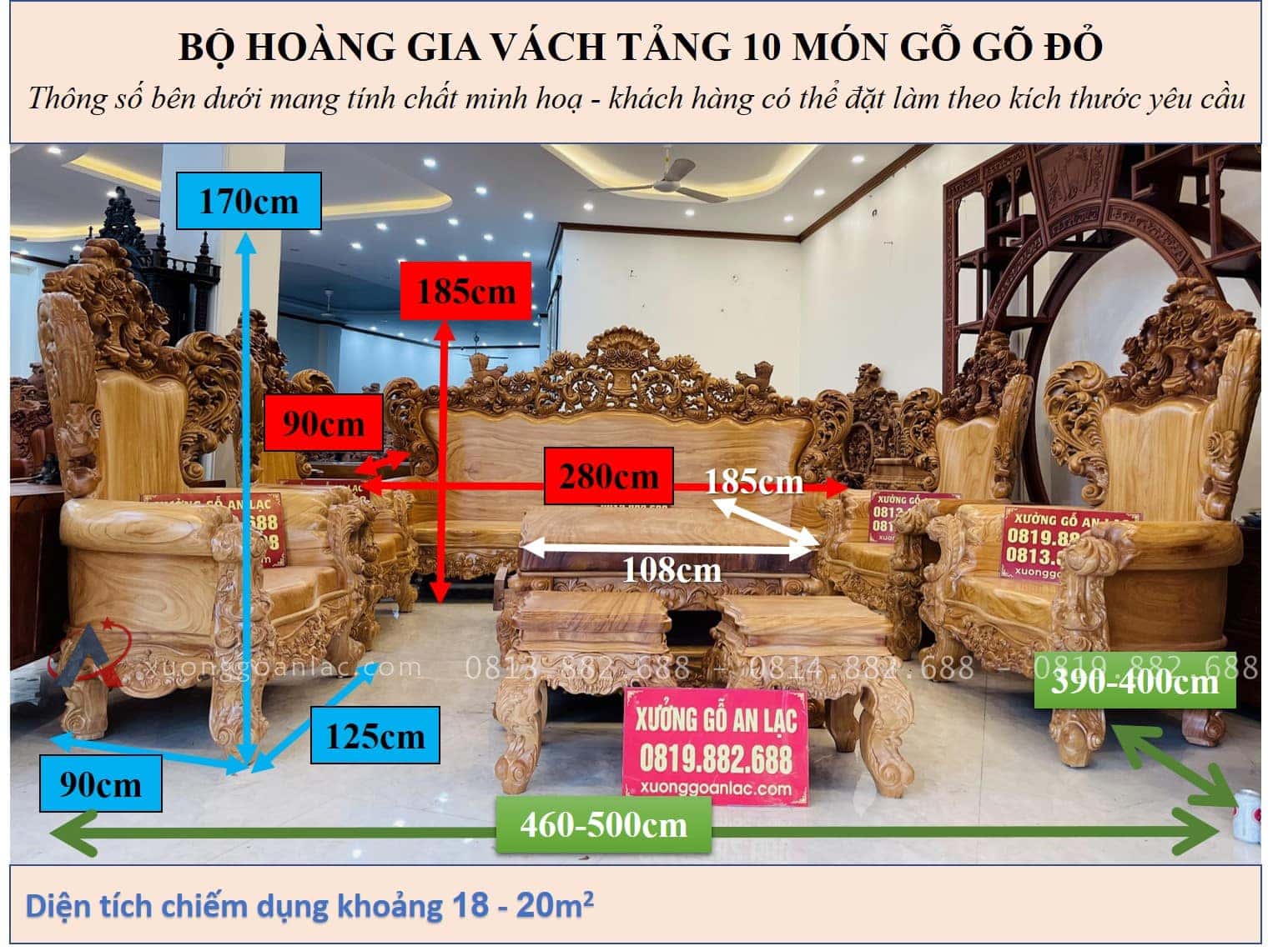 Bộ bàn ghế hoàng gia nguyên khối 10 món gỗ gõ đỏ hàng vip (Anh Đàn - An Giang) 35 kích thước bộ bàn ghế hoàng gia