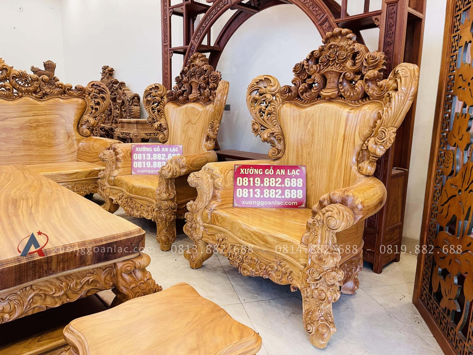 Bộ bàn ghế hoàng gia nguyên khối 10 món gỗ gõ đỏ hàng vip (Anh Đàn - An Giang) 38 bộ đôi ghế đơn louis hoàng gia