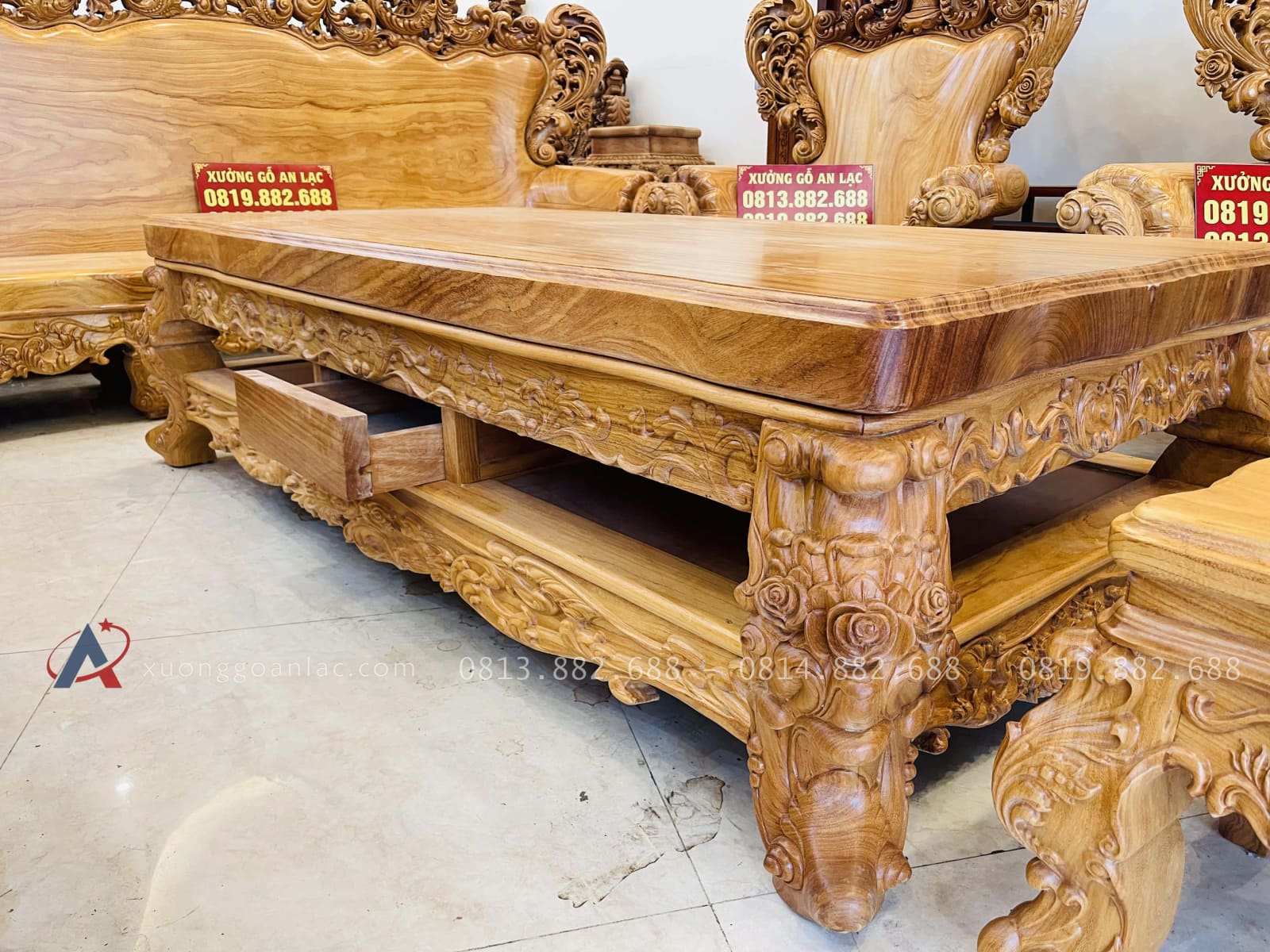 Bộ bàn ghế hoàng gia nguyên khối 10 món gỗ gõ đỏ hàng vip (Anh Đàn - An Giang) 41 bàn trà louis hoàng gia