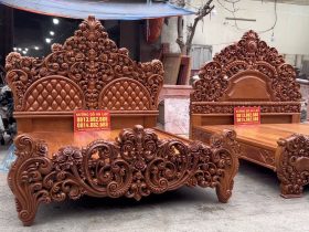 combo 2 giường ngủ louis hoàng gaia nguyên khối gỗ gõ đỏ