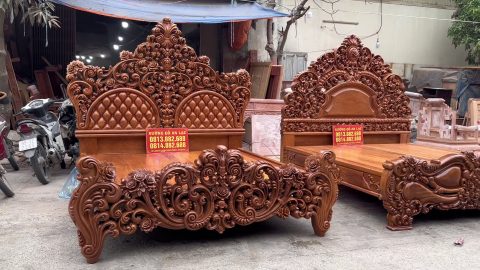 combo 2 giường ngủ louis hoàng gaia nguyên khối gỗ gõ đỏ