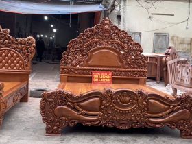 Combo 2 giường ngủ hoàng gia gõ đỏ 14 giường ngủ đục hoa lá tây