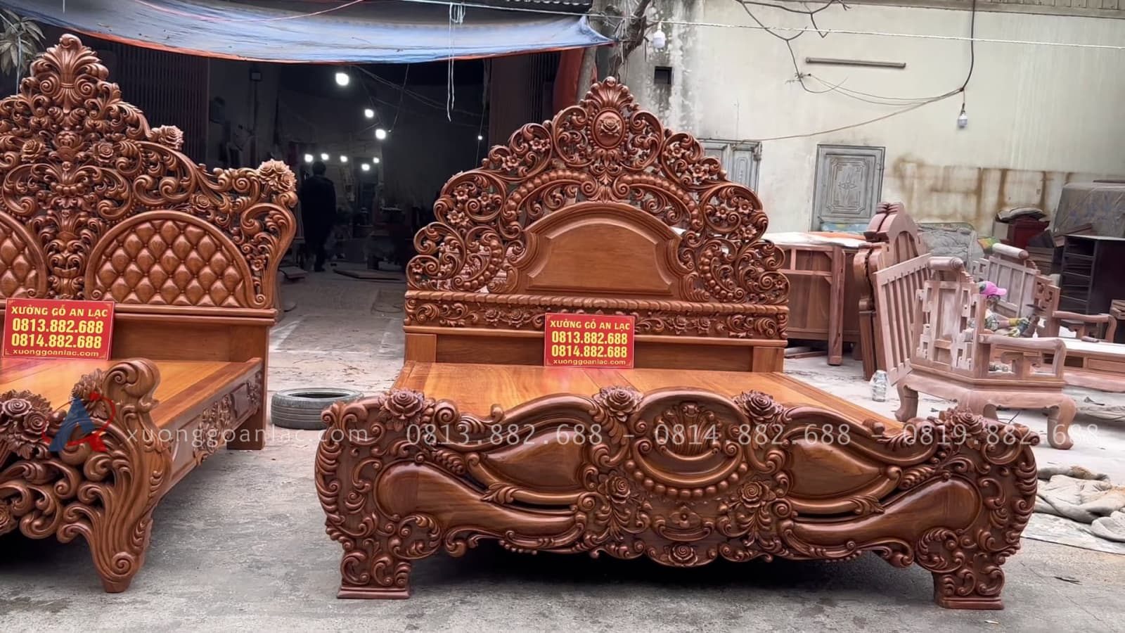 Combo 2 giường ngủ hoàng gia gõ đỏ 22 giường ngủ đục hoa lá tây