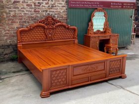 Nội thất phòng ngủ 35 combo giường ngủ louis và bàn trang điểm hoa hồng gỗ gõ đỏ