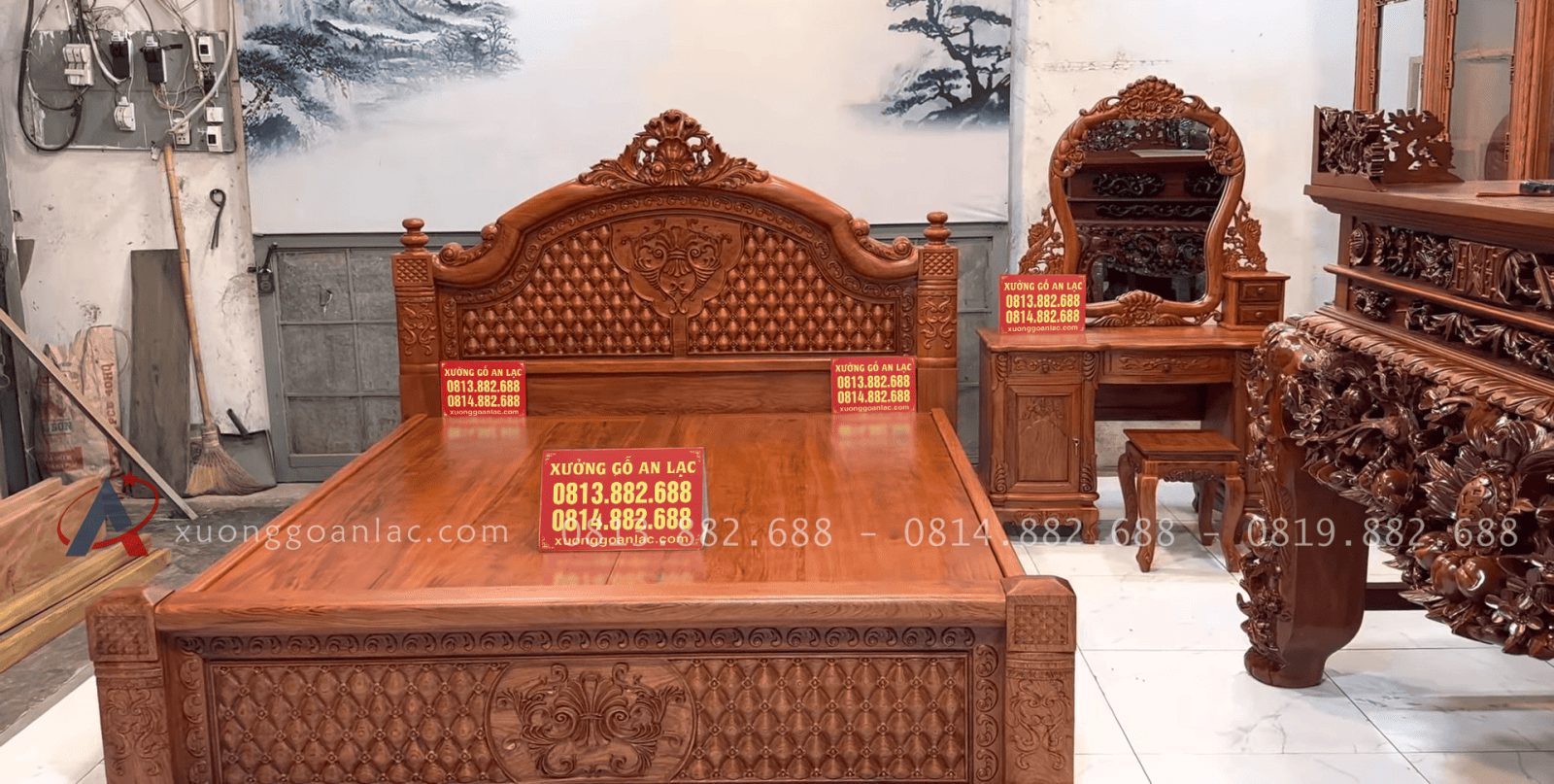 Combo giường ngủ Louis hoàng gia và bàn phấn hoa hồng gỗ hương đá 12 combo giường ngủ và bàn phấn louis hoàng gia
