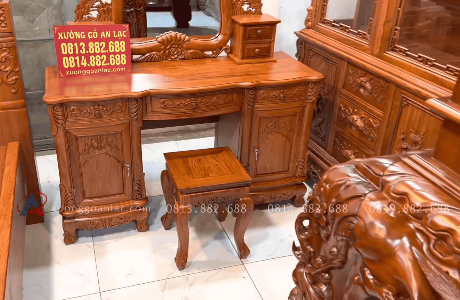 Combo giường ngủ Louis hoàng gia và bàn phấn hoa hồng gỗ hương đá 15 mẫu bàn trang điểm louis