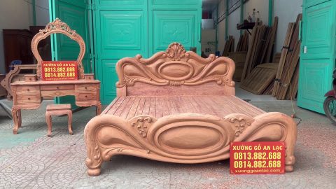 giường ngủ mẫu xoài nguyên khối và bàn trang điểm gỗ hương đá